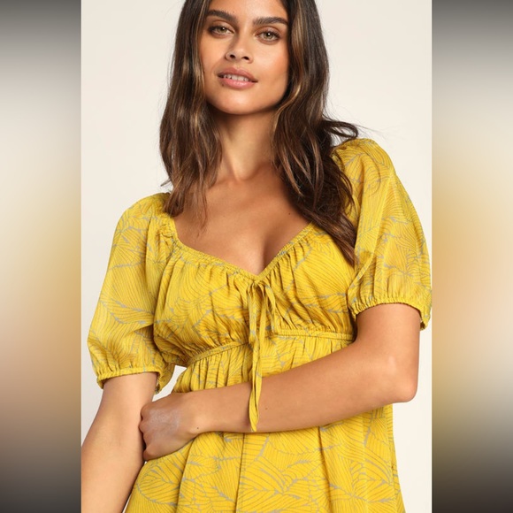 Definitely Darling Yellow Tropical Print Puff Sleeve Mini Dress - Picture 4 of 6